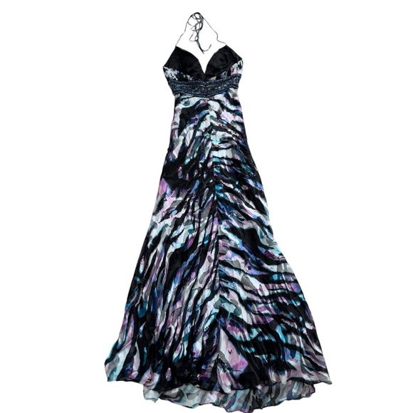 Camille la Vie BLACK BLUE MULTI COLOR STRIPES BEADED PROM FORMAL GOWN DRESS 4 - Picture 12 of 15